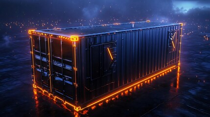 Poster - A futuristic shipping container illuminated with neon lights, set against a moody atmosphere, perfect for digital art and technology themes.