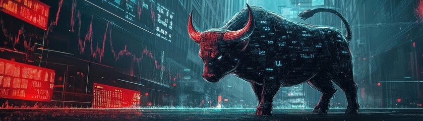 Poster - A powerful bull symbolizing stock market trends and financial growth, set against a vibrant digital background of trends and figures.