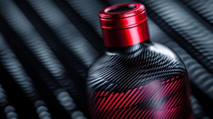 A stylish red bottle with a carbon fiber texture, perfect for modern product photography and advertising.