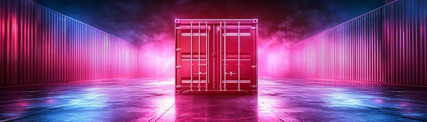 Poster - A vibrant, illuminated space featuring a striking red container amidst futuristic colors and reflections, perfect for modern design.