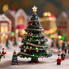 Canvas Print - A decorated Christmas tree with a star on top stands in a miniature winter village setting.