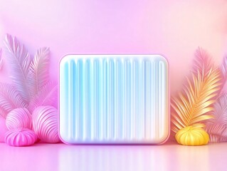 Poster - A vibrant, modern backdrop featuring pastel colors and tropical leaves, ideal for showcasing products or creating a fresh atmosphere.