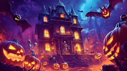 A spooky mansion with a skeleton welcomes visitors amidst glowing jack-o'-lanterns and flying bats on a Halloween night