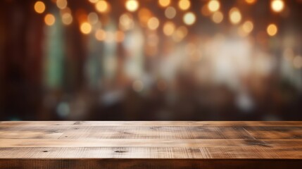 Empty and clean wooden tabletop surface in focus, warm blurred bokeh effect in the background