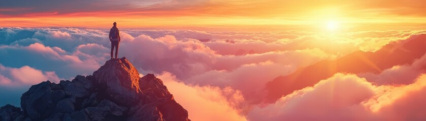 A person standing on a mountain peak, overlooking a stunning sunrise above the clouds, evoking feelings of adventure and peace.