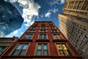 A low-angle view of a brick building amidst modern skyscrapers.