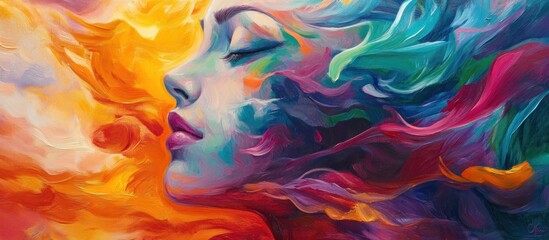 Wall Mural - A colorful, abstract portrait of a serene woman amidst vibrant swirls.