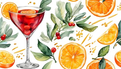 Festive watercolor pattern of sangria glasses and vibrant citrus slices, perfect for creative textile and wallpaper designs