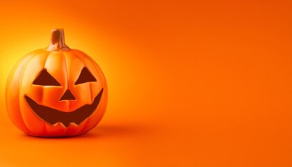 Sticker - Jack O Lantern for Halloween on orange background, copy space on a side