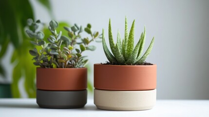 Two Succulents in Terracotta and Grey Pots on a White Surface