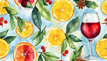 Festive watercolor pattern of sangria glasses and vibrant citrus slices, perfect for creative textile and wallpaper designs