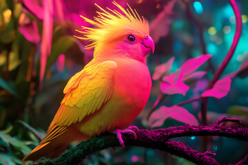 A vibrant bird with a striking yellow and orange plumage perched on a branch in a colorful setting.