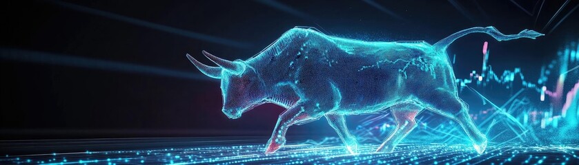 Poster - A vibrant digital representation of a bull, symbolizing strength and market growth, surrounded by dynamic data patterns.