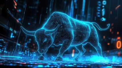 Poster - A digital bull stands amidst a futuristic landscape of data, illuminated by glowing numbers and geometric patterns.