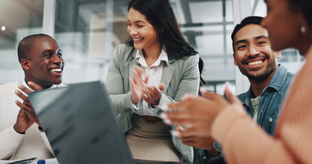 Poster - Office, applause and business people in meeting on laptop for teamwork, collaboration and celebration. Corporate, diversity and happy men and women clapping hands for success, promotion and good news