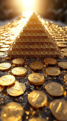 Poster - A pyramid made of gold coins is on top of a pile of gold coins. The pyramid is the largest and most prominent object in the image, while the gold coins are scattered around it