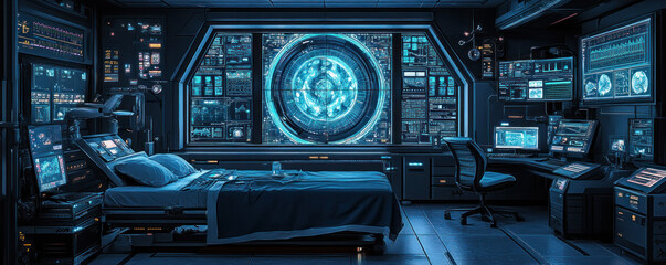Poster - A futuristic bedroom with a large monitor on the wall. The room is filled with technology and has a futuristic feel to it