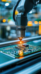 Poster - A robot is working on a circuit board, with a bright orange light coming from the machine. Concept of precision and efficiency, as the robot is able to work on the circuit board with accuracy