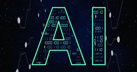 Poster - Animation of digital data processing binary coding and connections with ai text