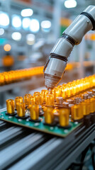 Poster - A robot is drilling holes into a green board. The robot is in a factory setting. The robot is working on a large assembly line
