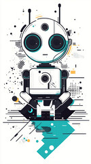 Poster - A robot is sitting on the ground with its head down. The robot is white and blue. The robot is surrounded by a lot of dots and lines