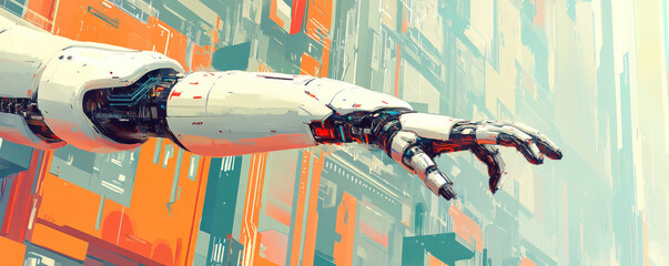 Poster - A robot arm is reaching out in the air. The robot is white and the background is orange. The image has a futuristic and technological feel to it