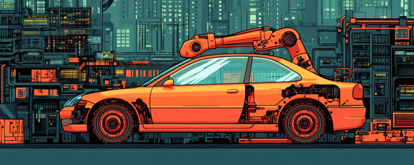 Poster - A car is being built in a factory with a robotic arm. The car is orange and has a robotic arm on top of it. The image has a futuristic and industrial feel to it