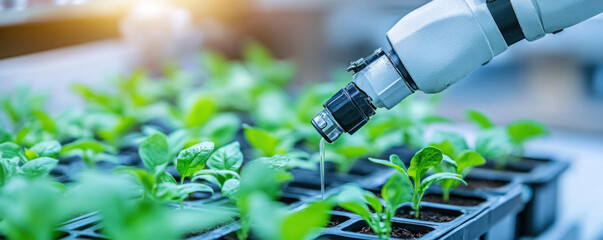 A robot is watering plants in a greenhouse. The plants are green and healthy, and the robot is spraying water on them. Concept of care and attention to the plants