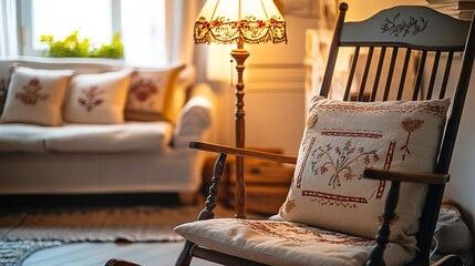 Warm cozy interior with vintage rocking chair and lamp