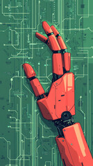 Poster - A red robotic hand is reaching out to a green background. Concept of technology and artificial intelligence, as the hand appears to be made of metal and is reaching out to something beyond its reach