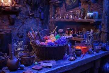 Wall Mural - A basket full of candy is on a table with other items