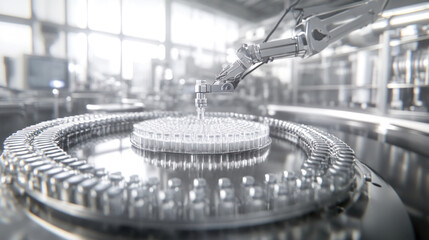 Poster - A machine is making a round object with many small objects inside. The machine is silver and has a robotic arm. The image has a futuristic and industrial feel to it