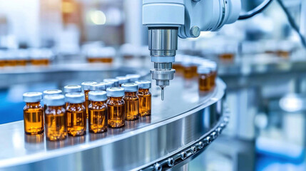 Poster - A machine is filling bottles with medicine. The bottles are orange and lined up on a conveyor belt