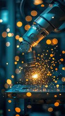 Poster - A robot is working on a piece of metal, creating sparks and a sense of industrial progress. The image conveys a feeling of innovation and technological advancement