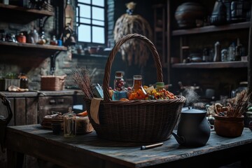 Wall Mural - A basket full of candy is on a table with other items