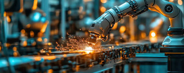 Poster - A robot is working on a piece of metal, surrounded by sparks and heat. Concept of industrial activity and technological advancement