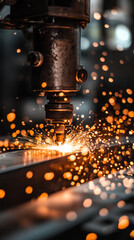 Poster - A machine is cutting through metal, creating sparks and smoke. Concept of power and destruction, as well as the raw energy of the process