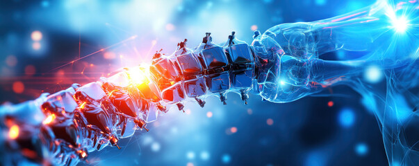 Poster - A spine is shown in a blue and red color scheme. The spine is twisted and broken, with a red and orange glow surrounding it. Concept of pain and discomfort, as if the spine is in distress