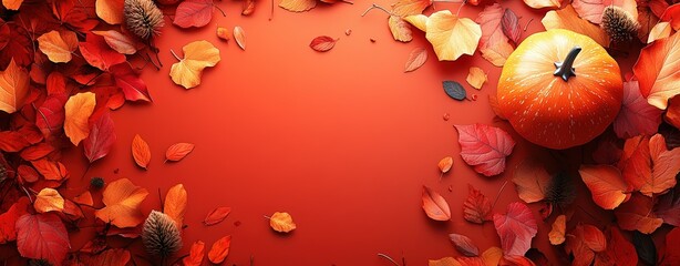 Autumn background with vibrant red, orange, and yellow leaves and a pumpkin on a red surface, perfect for seasonal and fall themes.