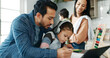 © peopleimages.com - Tablet, online learning and dad with child in home for education, school project or math lesson. Family, digital tech and father help girl with homework for research, teaching and abacus for counting