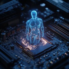 Wall Mural - A digital human figure stands on a computer motherboard, representing the concept of artificial intelligence.