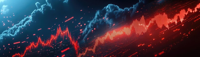 Poster - Dynamic financial data visualization with abstract red and blue elements depicting market trends and fluctuations.