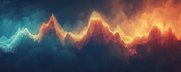Poster - A colorful, abstract image of a mountain range with a blue and orange background. The mountains are lit up with bright colors, giving the impression of a fiery, energetic scene