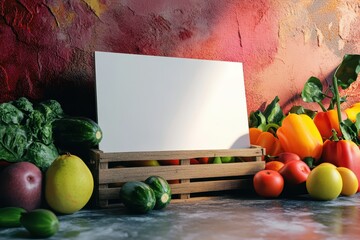 Wall Mural - A wooden crate filled with vegetables and a white piece of paper