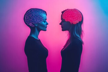 Wall Mural - Creativity warmth and discovery two women facing each other with glowing neural brains symbolizing mental synchronization shared thoughts and connection