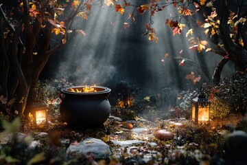 Wall Mural - A black pot is sitting on a path in a forest