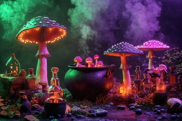 A pot of glowing mushrooms sits on a table with other items