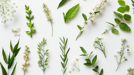 Sticker - Assortment of Green Leaves and Delicate White Flowers on White Background