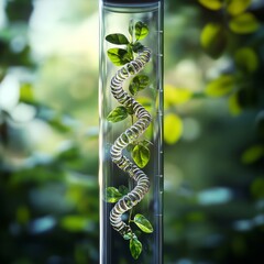 Wall Mural - A DNA helix inside a glass tube with green leaves.