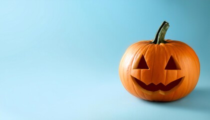 A Halloween Jack O Lantern isolated on a pale blue background, copy space on a side